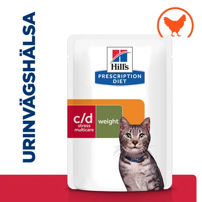 Hill's Prescription Diet c/d stress multicare weight kattmat, text: URINVÄGSHÄLSA, bild på katt och kycklingsymbol synlig på förpackningen.