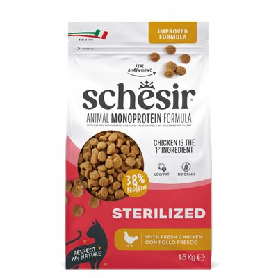 Schesir Animal Monoprotein Formula, izboljšana formula, 38 % beljakovin, piščanec je 1. sestavina, malo maščob, brez žit, za sterilizirane živali, s svežim piščancem, 1,5 kg
