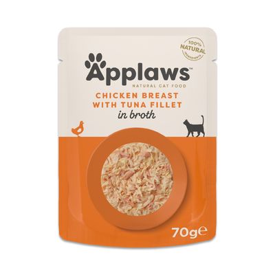 Applaws Natural Cat Food, tonnikalafileetä ja katkarapuja liemessä, 100 % luonnolliset ainesosat, 70 g pakkaus.