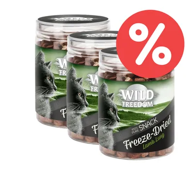 Wild Freedom Freeze-Dried Lamb Lung, 100% pure Snack. Drei Dosen mit Rabatt-Symbol sichtbar.