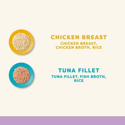 Ingrediensöversikt: Chicken Breast med kycklingbröst, kycklingbuljong, ris; Tuna Fillet med tonfiskfilé, fiskbuljong, ris.