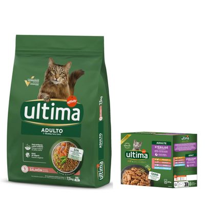 7,5 kg / 10 kg Ultima Crocchette  + 4 x 70 g / 8 x 85 g Umido per gatti gratis! 7,5 kg Adult Salmone + 8 x 85 g Sterilized Mix I (Pollo, Tacchino, Salmone, Trota)