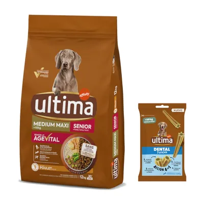 Ultima 3 à 18 kg + friandises Dental Sticks Medium / Maxi 180 g offertes ! - Medium / Maxi Senior poulet (12 kg)