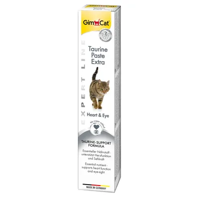 GimCat Taurine Paste Extra, Expert Line. Tukee sydämen toimintaa ja näkökykyä. Ei lisättyä sokeria. Valmistettu Saksassa.