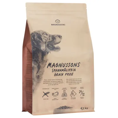 Magnussons Spannmålsfria Grain Free, 4,5 kg. Färskt svenskt kött, långsamt ugnsbakad, för vuxna hundar av alla raser. Protein/fett-förhållande: 24/12.