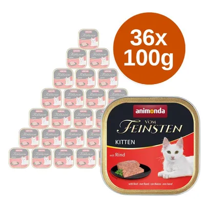Animonda Vom Feinsten Kitten mit Rind, 36×100g. Na obrázku je balení kapsiček s bílou kočkou a kouskem masa na etiketě.