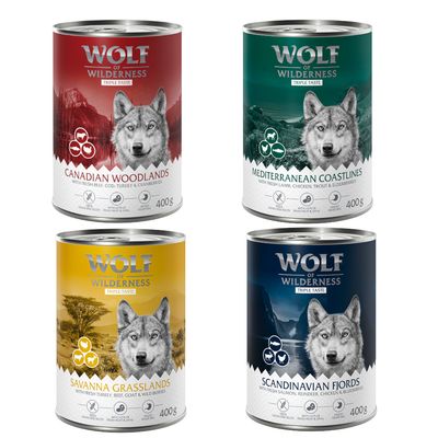 24 puszki Wolf of Wilderness The Taste of Scandinavia, każda 400 g. Widoczny napis: 100% grain-free recipe. Opakowania z grafiką wilka.