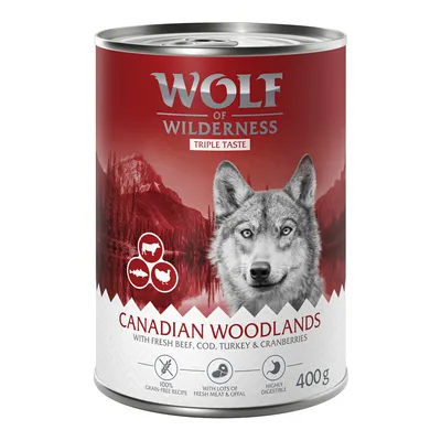 Wolf of Wilderness Adult 'Triple Taste' 6 x 400 g - Mix: Canada, Scandinavia, Mediterranean, Savanna, Outback
