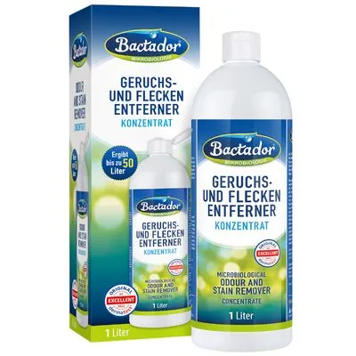 Bactador Geruchs- und Fleckenentferner Konzentrat, microbiologische odour and stain remover, 1 liter fles en verpakking, tekst: ergibt bis zu 50 Liter, Original Excellent DLG-Test 2022.