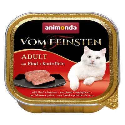 animonda Vom Feinsten ADULT mit Rind + Kartoffeln, imagen de un gato blanco y comida húmeda en bandeja. Texto en varios idiomas: con Manzo + patate, with Beef + Potatoes.
