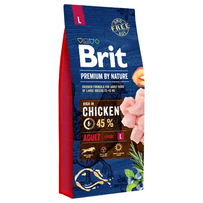Brit Premium by Nature, храна за кучета от големи породи (25-45 кг), висок дял пиле (45%), Adult Large L, без ГМО, с подкрепа за стави, имунитет и козина.