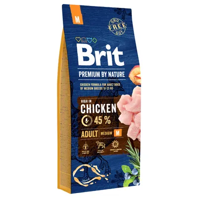 Brit Premium by Nature, храна за кучета от средни породи (10-25 кг), висок процент пиле (45%), без ГМО, размер M, Adult.