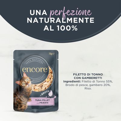 Encore filetto di tonno con gamberetti, ingredienti 100% naturali, 70g. Dolphin-friendly. La confezione mostra il prodotto e un gatto.