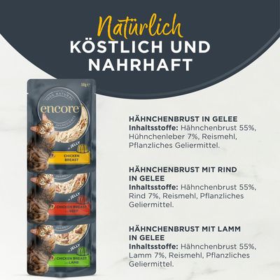 Encore Chicken Selection, 5 x 50g Pouches. 100% natürliche Zutaten. Sorten: 2x Hühnerbrust, 2x Hühnerbrust mit Rind, 1x Hühnerbrust mit Lamm in Gelee.
