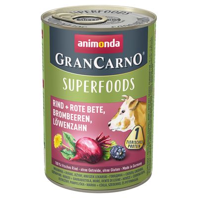 animonda GranCarno Superfoods -purkki, näkyvissä teksti: Rind + Rote Bete, Brombeeren, Löwenzahn, 1 tierisches Protein. Kuvissa nauta, punajuuri, karhunvatukka ja voikukka.