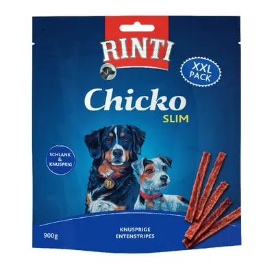 Rinti Chicko Slim XXL Pack, 900g. Slank og sprød. Sprøde andestrimler med billede af to hunde på emballagen.