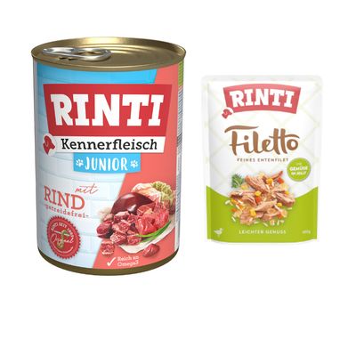 Rinti Kennerfleisch med kylling, kornfri. Billede af kødstykker og mærket 'Rinti seit 1983 Original'.