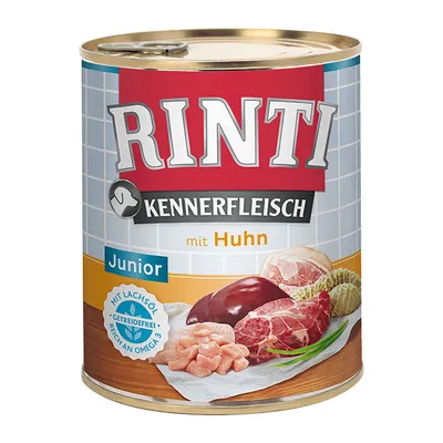 RINTI Kennerfleisch mit Huhn Junior -koiran märkäruokapurkki, etiketissä lihaa ja tekstit: mit Lachsöl, getreidefrei, reich an Omega 3. Saksan- ja englanninkielinen pakkaus.