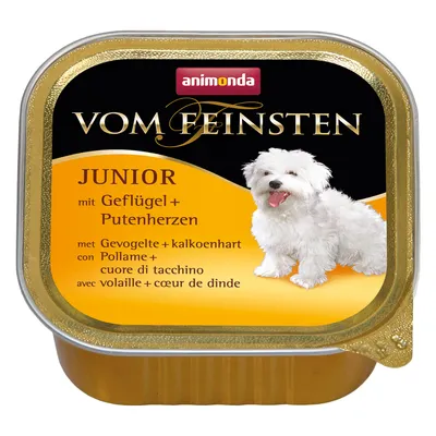 Animonda Vom Feinsten Junior mit Geflügel + Putenherzen, opakowanie z wizerunkiem białego psa. Tekst w kilku językach: mit Geflügel + Putenherzen, met Gevogelte + kalkoenhart.