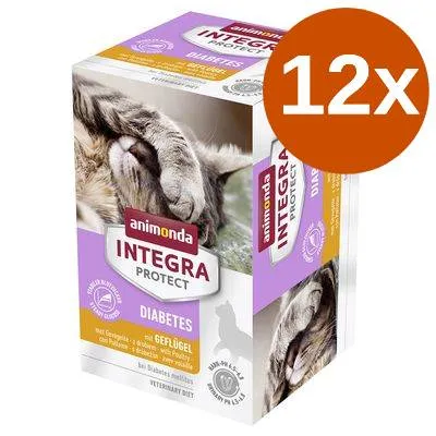 animonda INTEGRA PROTECT DIABETES med Geflügel, 12x. Förpackning med bild på katt och text om diabetesdiet för katter. Synlig lila etikett och orange cirkel med '12x'.