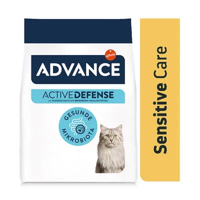 Advance Active Defense Katzenfutter mit gesunder Mikrobiota, wissenschaftlich erprobte Inhaltsstoffe. Sensitive Care für empfindliche Katzen.
