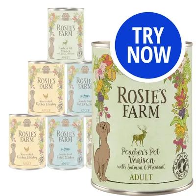 Selection of Rosie's Farm adult food tins with flavours including Poacher's Pot Venison with Salmon and Pheasant. Blue circle with 'Try Now' text shown on main tin.