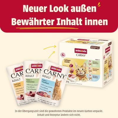 Animonda Carny Adult Geflügel-Vielfalt, Vorteilspack mit 8x85g. 100% frische Zutaten, ohne Getreide, Made in Germany, mit Taurin. Sorten: Huhn+Kaninchen, Geflügel-Cocktail, Huhn+Thunfisch.
