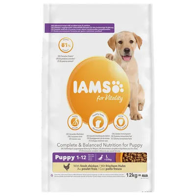 IAMS for Vitality Puppy 1-12, med frisk kylling, 12 kg. 81 % animalsk protein, egnet til hvalpe under 25 kg. Synlig tekst: Healthy growth, Healthy brain development, Strong immune system.