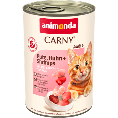 animonda Carny Adult 1+ Kalkkuna, kana + katkaravut. 100 % tuoreita ainesosia, korkea eläinproteiinipitoisuus, ilman viljaa ja sokeria.