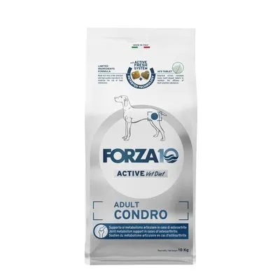 Forza10 Active Vet Diet Adult Condro hondenvoer, 10 kg zak. Tekst: ondersteuning van het gewrichtsmetabolisme bij artrose. Made in Italy zichtbaar bovenaan.