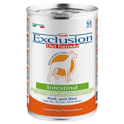 Dorado Exclusion Diet Formula Intestinal, Mono Protein Source, Schwein und Reis. Produkt aus Italien, veterinärmedizinische Rezeptur.