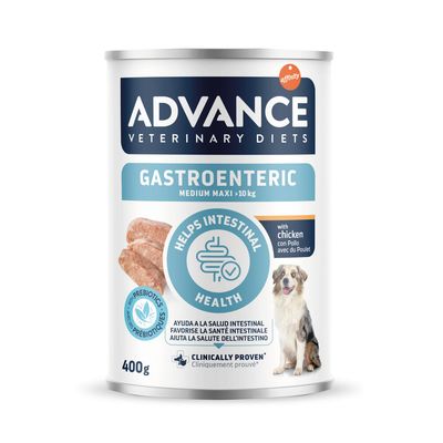 Advance Veterinary Diets Gastroenteric Medium Maxi >10kg, 400g Dose mit Huhn. Unterstützt die Darmgesundheit. Abbildung von Futterstücken und Hund.