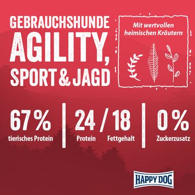 Gebrauchshunde Agility, Sport & Jagd. Mit wertvollen heimischen Kräutern. 67% tierisches Protein, 24/18 Protein/Fettgehalt, 0% Zuckerzusatz. Happy Dog.