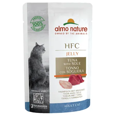 Almo Nature HFC Jelly tuńczyk z solą dla dorosłych kotów. 100% zysków na rzecz natury. Kod QR po więcej informacji.
