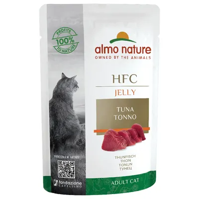 Almo Nature HFC Jelly tuńczyk dla dorosłych kotów. 100% zysków na rzecz natury. Kod QR po więcej informacji.