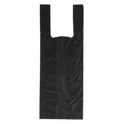 Sacchetto nero in plastica con manici, forma rettangolare. Nessun marchio o testo visibile.
