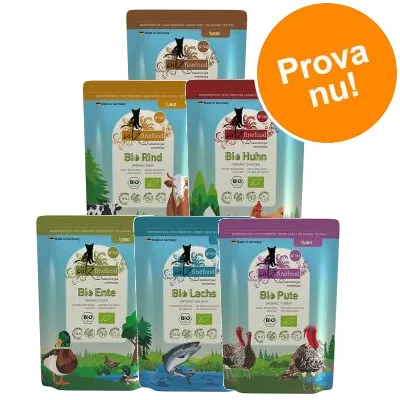 Sex påsar catz finefood Bio kattmat: Bio Rind, Bio Huhn, Bio Ente, Bio Lachs, Bio Pute. Orange cirkel med texten 'Prova nu!'. Ekologiska symboler synliga på förpackningarna.