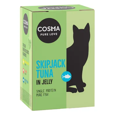 Cosma Pure Love Skipjack Tuna in Jelly. Single protein, ren fisk. Emballage med silhuet af en kat og grøn baggrund.