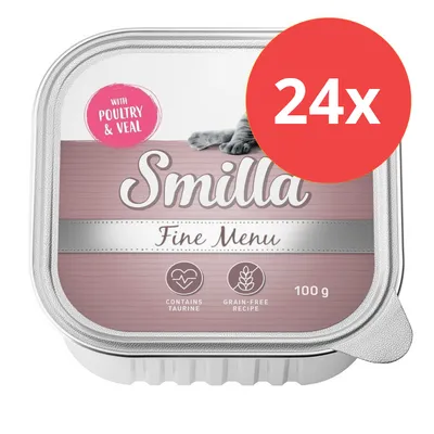 Smilla Fine Menu mit Geflügel und Kalb, enthält Taurin, getreidefreie Rezeptur, Packungsgrösse 100 g, 24x verfügbar. Smilla Fine Menu mit Geflügel und Kalb, enthält Taurin, getreidefreie Rezeptur, Packungsgrösse 100 g, 24x verfügbar.