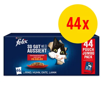 Felix So gut wie es aussieht, confezione da 44 buste assortite in gelatina con manzo, pollo, anatra, agnello. Testo in tedesco visibile sulla confezione.