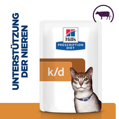 Hill's Prescription Diet k/d, image d'un sachet avec un chat et texte allemand «UNTERSTÜTZUNG DER NIEREN», pictogramme de vache en haut à droite. Texte non traduit.