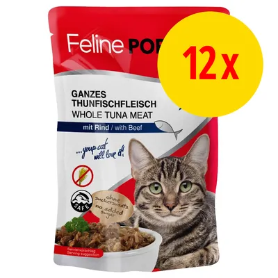 Feline Porta, hel tonfisk med nötkött, 12x. Text: 'ohne zuckerzusatz / no added sugar', 'SAFE'. Bild på katt och skål med våtfoder. Synlig text på tyska och engelska.