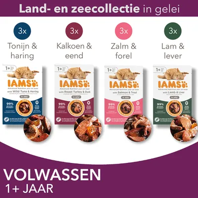IAMS Land- en zeecollectie in gelei voor volwassen katten 1+ jaar: 3x tonijn & haring, 3x kalkoen & eend, 3x zalm & forel, 3x lam & lever. 99% dierlijk eiwit, 0% toegevoegd suiker.