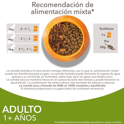 Recomendación de alimentación mixta para gatos adultos: 3 kg, 2–2½ sobres de 85 g; 4 kg, 2½–3 sobres; 5 kg, 2¾–3½ sobres. Un sobre de 85 g sustituye 20 g de pienso seco.
