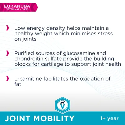 EUKANUBA VETERINARY DIETS, JOINT MOBILITY 1+ year. Angol nyelvű szöveg: alacsony energiasűrűség, glükózamin és kondroitin-szulfát, L-karnitin előnyei ízületekhez.