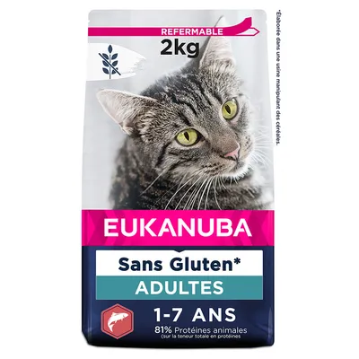 EUKANUBA croquettes pour chats adultes 1–7 ans, sans gluten*, refermable, 2 kg, 81 % protéines animales, mention « Élaborée dans une usine manipulant des céréales » visible sur l’emballage.
