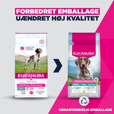 Sammenligning af den gamle og nye Eukanuba Working & Endurance Adult S-XL emballage med henvisning til forbedret, genanvendelig emballage med uændret kvalitet.