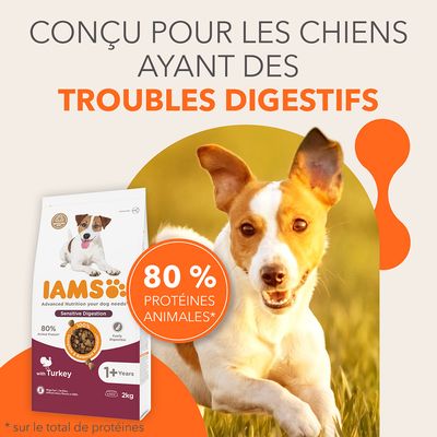 Texte : conçu pour les chiens ayant des troubles digestifs. 80 % protéines animales* sur le total de protéines. IAMS Sensitive Digestion avec dinde, 1+ ans, sac 2 kg.