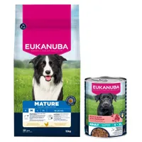 Croquettes Eukanuba Premium Nutrition 15 kg pour chien + boîtes 3 x 400 g offertes ! - Mature Medium Breed au poulet + Senior Riche en Bœuf et Citrouille 