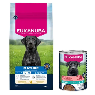 Croquettes Eukanuba Premium Nutrition 15 kg pour chien + boîtes 3 x 400 g offertes ! - Mature Large et Giant Breed au poulet + Senior Riche en Bœuf et Citrouille 